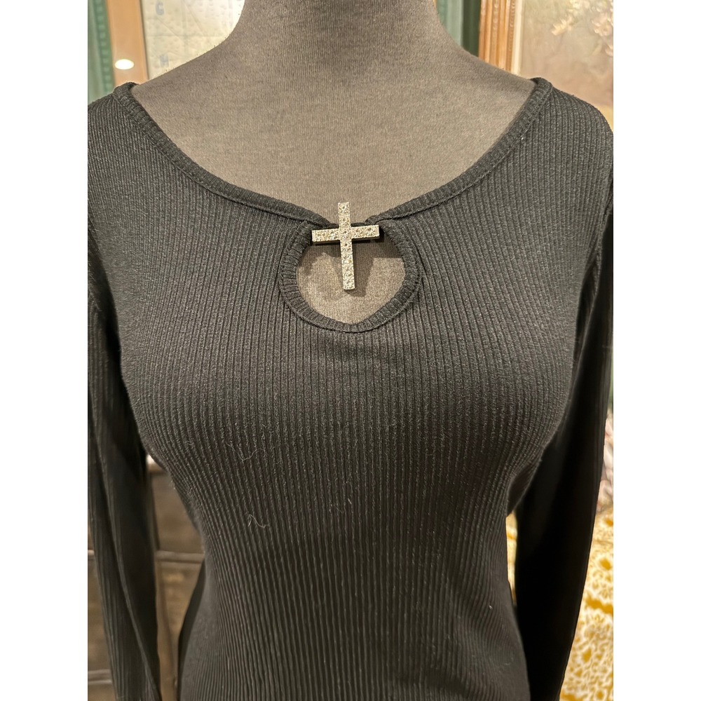 Wild Love Black Ribbed Long Sleeve Top Rhinestone Cross‎ Keyhole Gothic XL